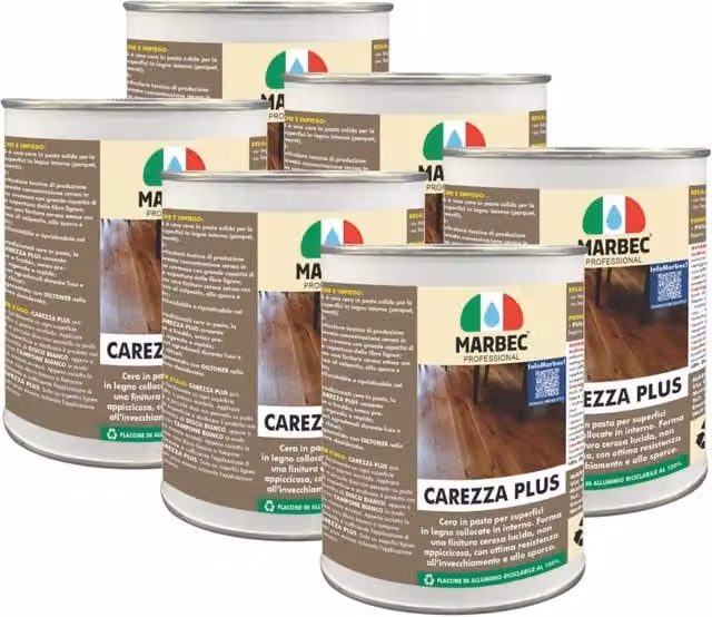 Cera in pasta Marbec Carezza Plus per superfici in legno, finitura satinata lucida, confezione da 6 x 1 l