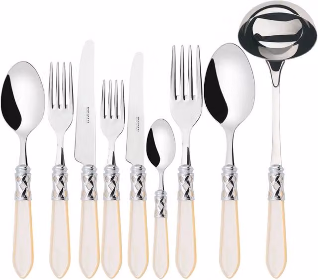 Set di posate Aladdin da 75 pezzi in acciaio inossidabile con contenitore in legno, colore avorio e argento, lavabile in lavastoviglie