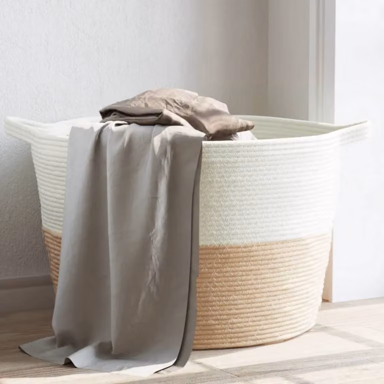 vidaXL Cesto per Biancheria in Cotone Beige e Bianco con Maniglie e Pieghevole Ø60 x H36 cm