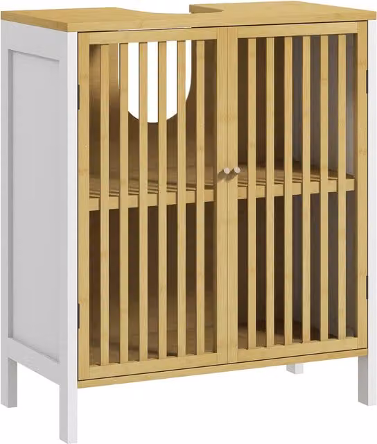 Mobile Sottolavabo per Bagno HOMCOM in Legno di Bambù e MDF con 2 Ante a Doghe e Intaglio a U, Bianco, L/P/H: 60 x 30 x 70 cm