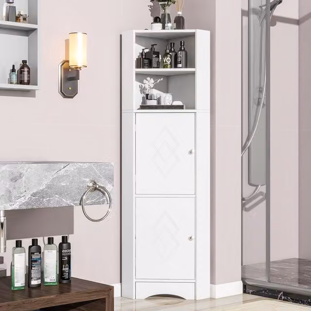 Armadio angolare da bagno Aosom Italy bianco con ripiani regolabili e ante a battente, L/P/H: 36.5 x 36.5 x 155 cm