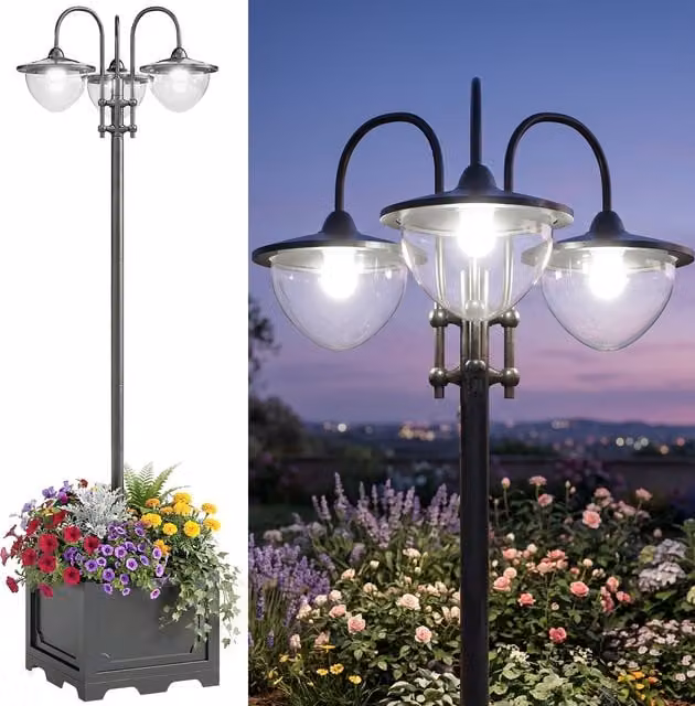 Outsunny Lampione Intelligente con Pannelli Solari e 3 Lampade LED, Nero, H x L x P: 189 x 60 x 55 cm