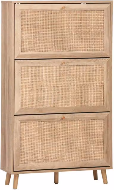 Scarpiera Sweeek in legno e rattan con decoro boho e 3 ante, marrone