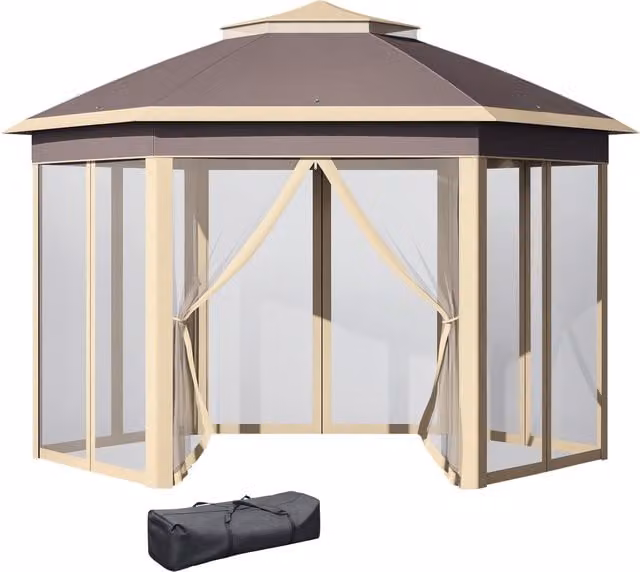 Gazebo da giardino pieghevole Outsunny con zanzariera e doppio tetto, beige, L: 405 cm, P: 340 cm, H: 285 cm