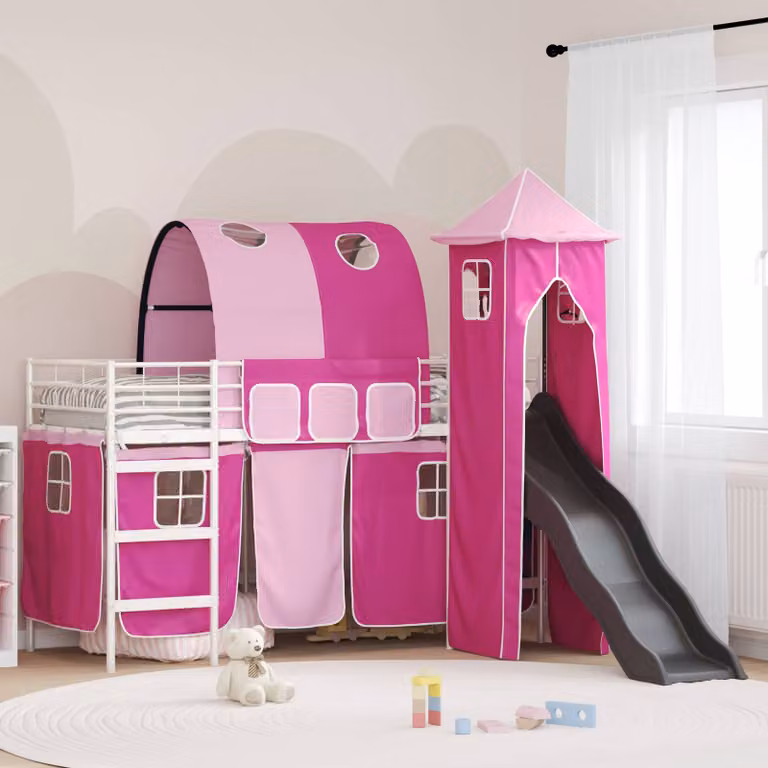 Letto a castello per bambini vidaXL in metallo con struttura a casetta, Bianco e Rosa, 90 x 190 cm