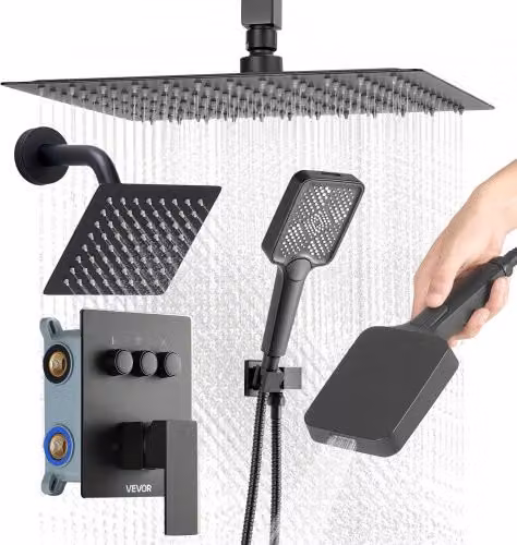 Set Doccia VEVOR con Sistema a Pioggia da 30,4 cm, Soffione a Parete, Doccetta e Valvola in Ottone, Nero Opaco
