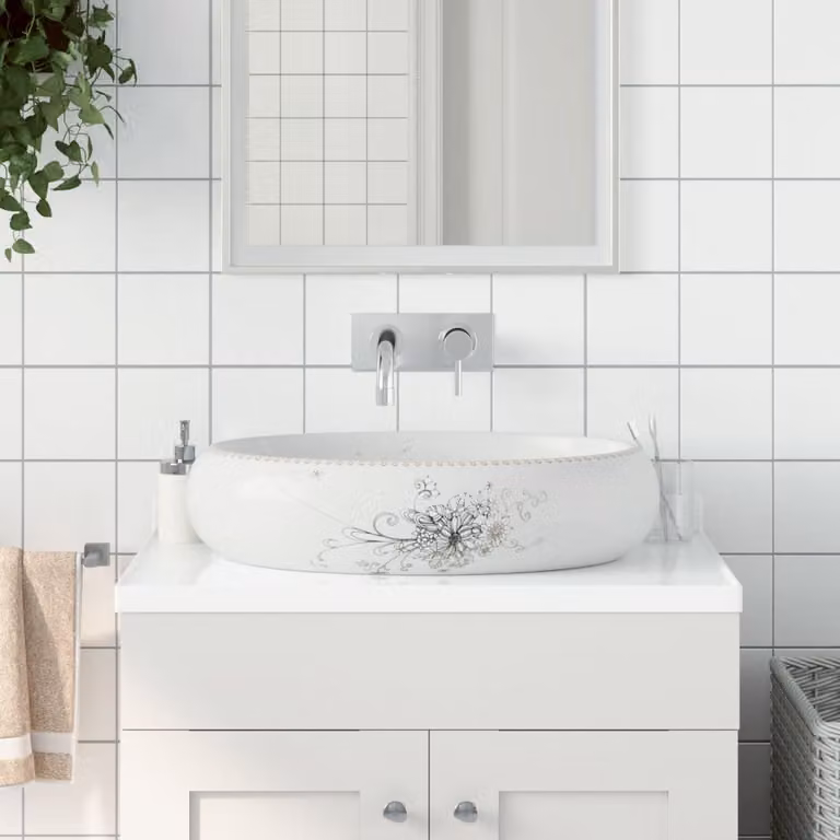 Lavabo da appoggio ovale vidaXL in ceramica bianca L: 59 cm, P: 40 cm, H: 15 cm