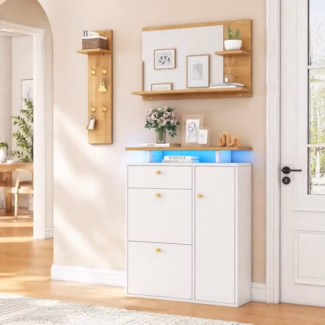 Set di mobili da ingresso MIVRAY composto da 3 pezzi in truciolato bianco opaco con scarpiera, specchio, 4 ganci e illuminazione LED, L 105 cm x P 25 cm x H 151.5 cm