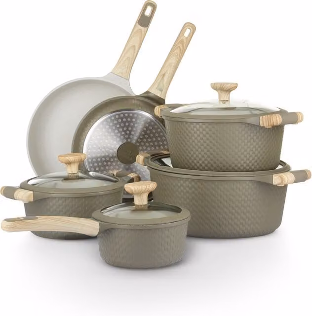 Set di pentole e padelle KASANOVA 10 pezzi con rivestimento antiaderente, colori verde e beige, materiali in alluminio, silicone, vetro e ceramica
