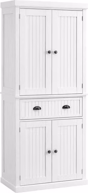 Credenza da cucina alta Aosom con 4 porte, ripiani regolabili e cassetto, Bianco, L 76,2 cm x P 40,2 cm x H 183 cm
