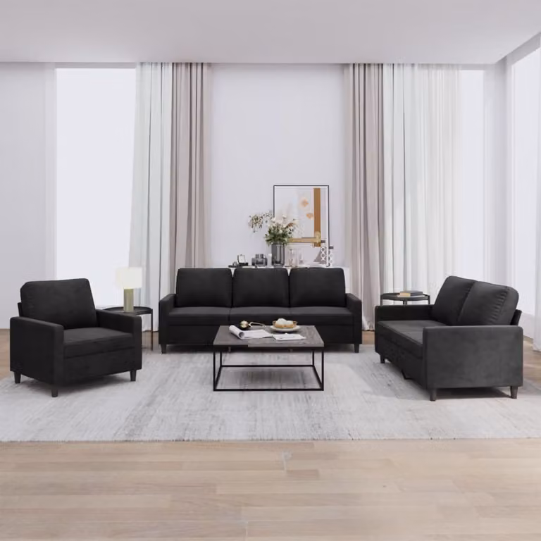 Set di divani 3 pezzi vidaXL in velluto nero con cuscini per soggiorno moderno