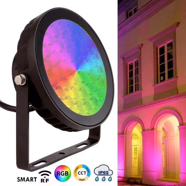 Faretto LED RF-SMART PLANETITALY IP65 RGBW CCT Dimmerabile Zigbee con Picchetto per Giardino e Facciate, Nero Multicolore, 25W