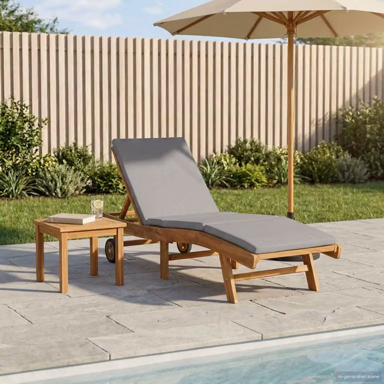 vidaXL Lettino da sole in legno di teak con tessuto resistente ai raggi UV marrone e grigio, con poggiatesta regolabile