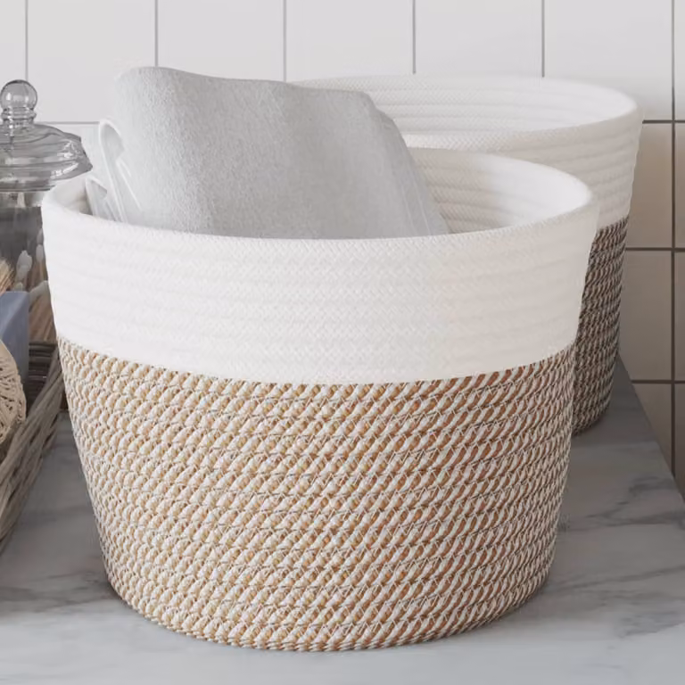 Set di 2 cestini portaoggetti vidaXL in tessuto multicolore marrone e bianco con maniglie, Ø 24 cm x H 18 cm