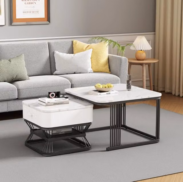 Set di 2 tavolini da salotto quadrati MODFU con effetto marmo astratto bianco e nero, L/P/H: 70 x 70 x 45 cm e 50 x 50 x 40 cm