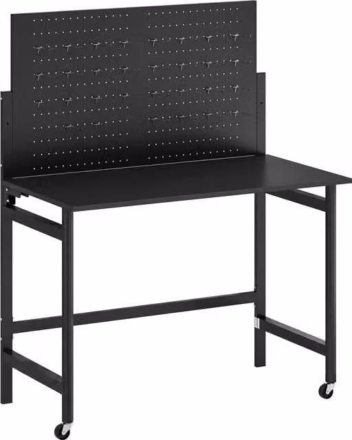 HOMCOM Banco da Lavoro Pieghevole Portatile con Pannello Perforato, Piano in Legno e Struttura in Acciaio, Nero