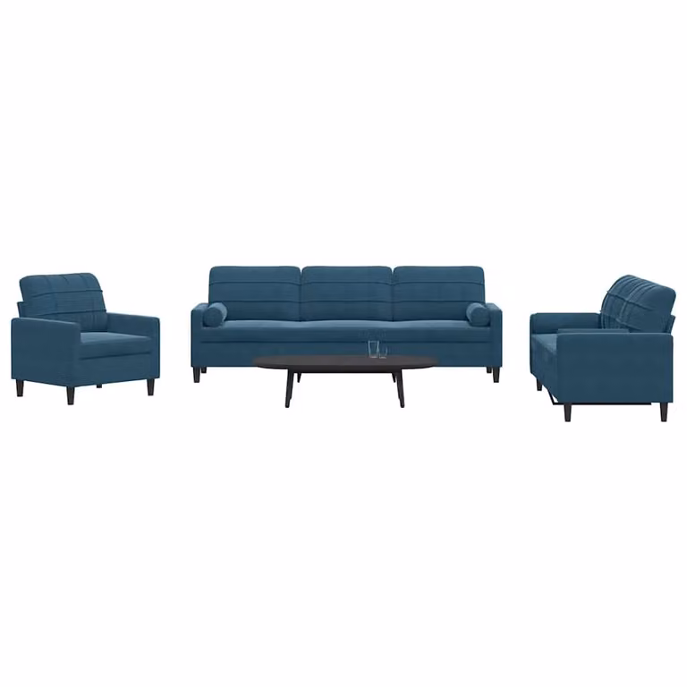 Set di divani 3 pezzi vidaXL in velluto blu con cuscini e struttura in metallo per soggiorno