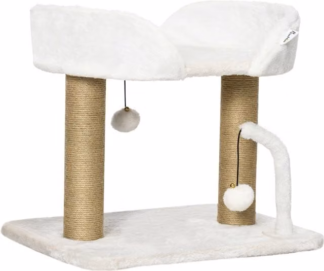 Torre per gatti PawHut in legno con tiragraffi e giocattoli integrati, Giallo e Bianco, L: 38 cm, P: 38 cm, H: 42 cm