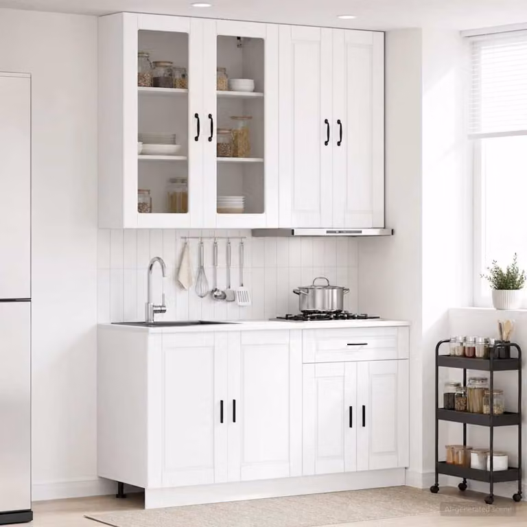 Set di 4 unità cucina moderne vidaXL PORTO in bianco con ante in vetro e ripiani interni, L/P/H: 100 x 46 x 80 cm