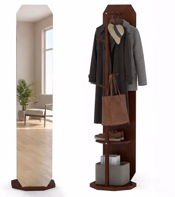 Appendiabiti girevole a 360 gradi con specchio intero e ripiani, mobile da ingresso e camera da letto in legno di pino marrone opaco, L: 32 cm, H: 163 cm