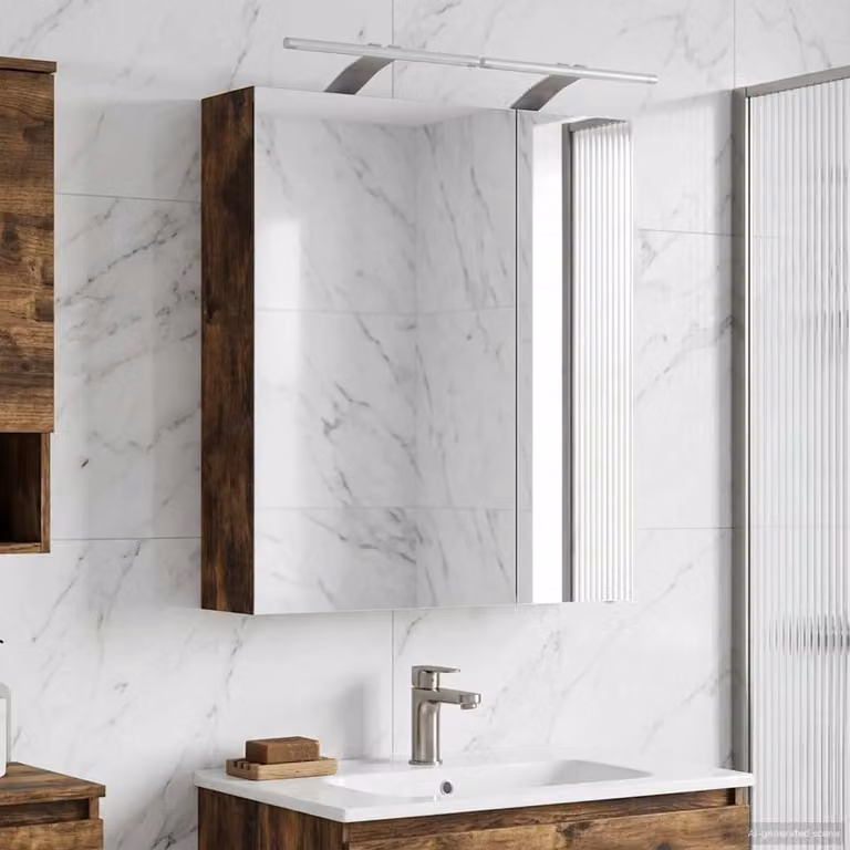 Mobiletto per specchio da bagno vidaXL moderno con illuminazione LED, colore marrone, L: 60 cm, P: 14,5 cm, H: 70 cm