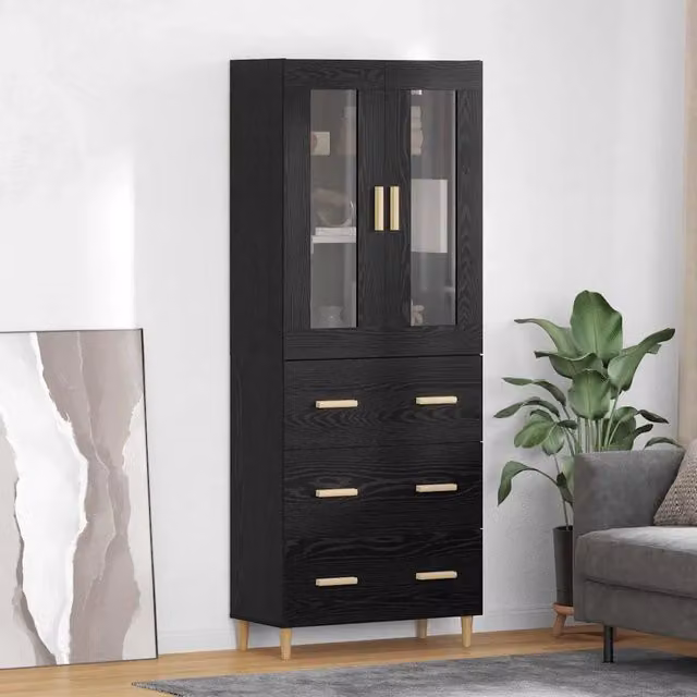 Credenza moderna vidaXL in rovere nero con vetro per soggiorno e sala da pranzo L: 69,5 cm, P: 34 cm, H: 180 cm