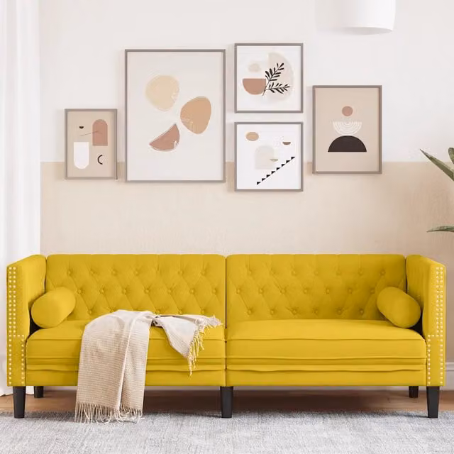 Divano Chesterfield vidaXL in Velluto Giallo con Cuscini per Soggiorno L: 194 cm, P: 74,5 cm, H: 70,5 cm