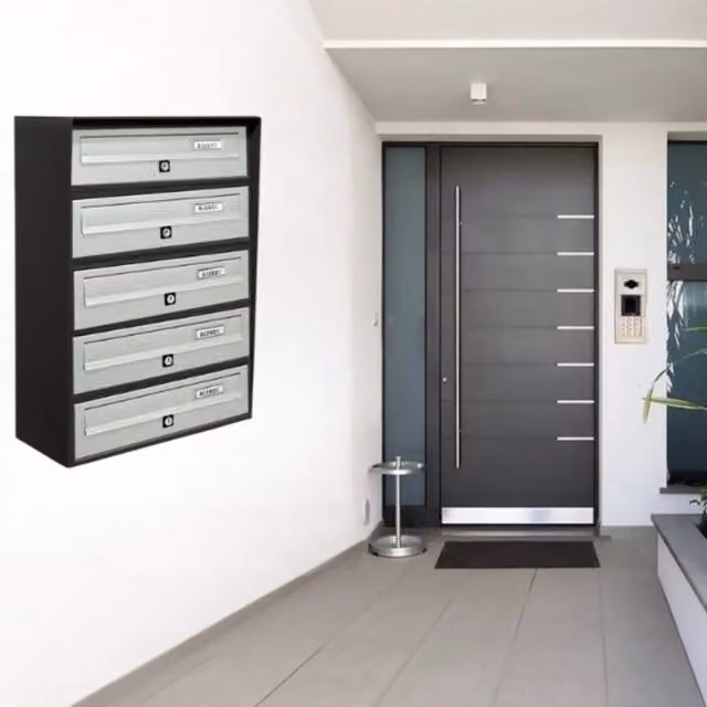 ALUBOX SLIM Cassette Postali Condominiali da 5 Posti in Alluminio e Lamiera Zincata con Sistema Anti Prelievo, Colore Antracite Argento, L: 63 cm, P: 39 cm, H: 30 cm