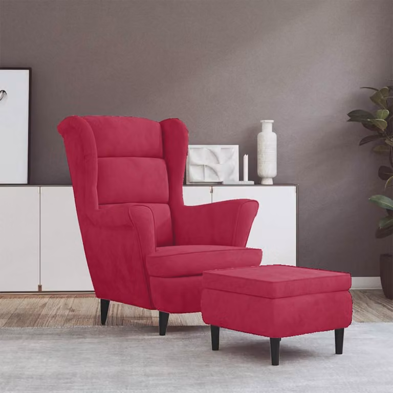vidaXL Poltrona Schienale ad Ala con Poggiapiedi in Velluto Rosso, L: 96,5 cm, P: 78,0 cm, H: 90,0 cm
