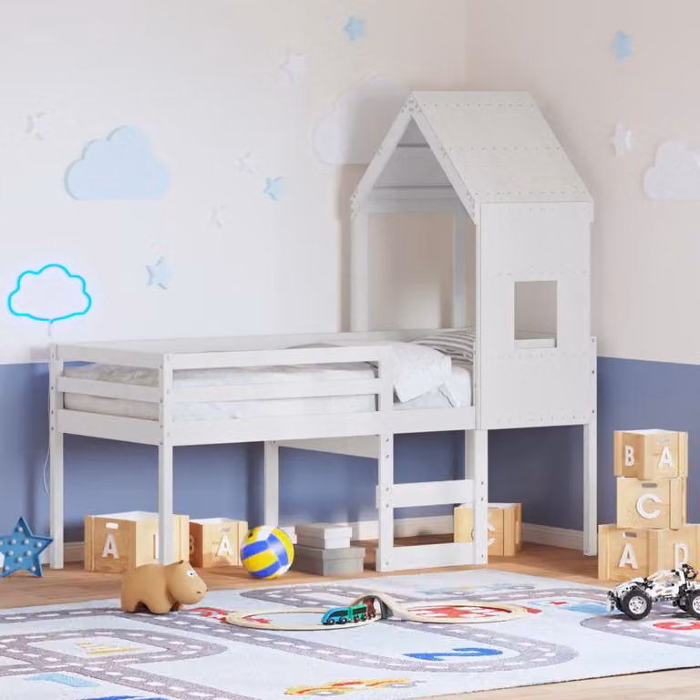 Letto a soppalco con tetto a casetta vidaXL in legno di pino bianco per bambini L/P/H: 200 x 90 x 195 cm