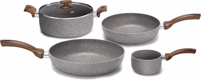 Set di pentole Olympia Woody in alluminio antiaderente con coperchio in vetro, 5 pezzi, grigio