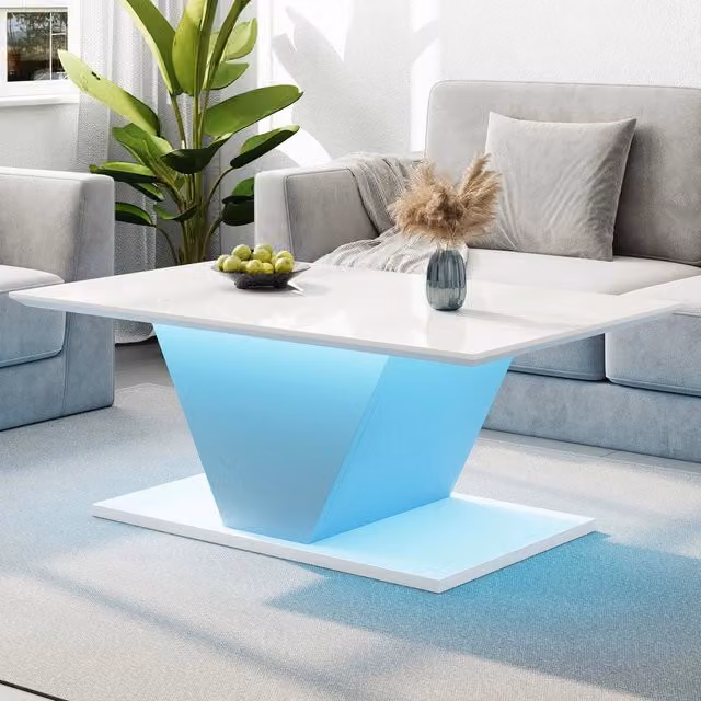 Tavolino da caffè MINIMAL a forma di V con LED, Bianco Lucido, L 100 cm x P 50 cm x H 46 cm