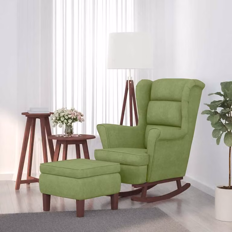 vidaXL Sedia a dondolo con schienale alto in velluto verde chiaro e pouf incluso