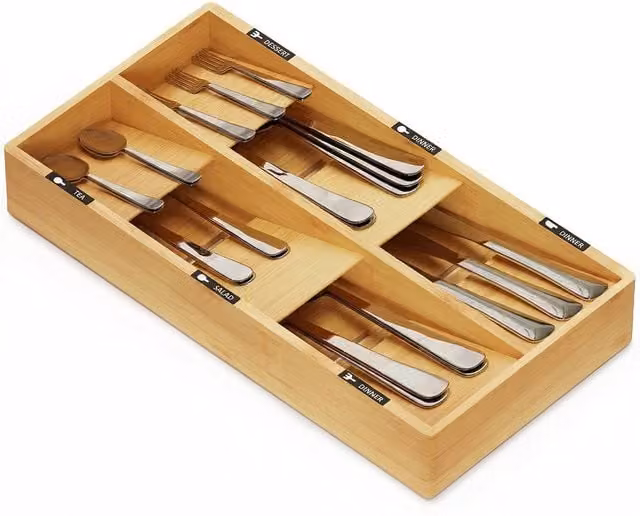 Organizer Portaposate Axentia in Bambù Naturale con 6 Scomparti per Cassetti Cucina L: 39,6 cm, P: 20,4 cm, H: 5,9 cm