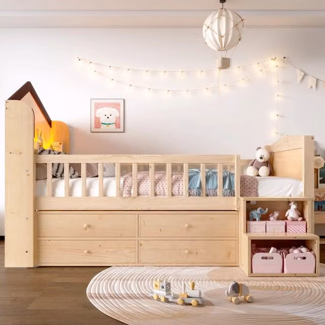 Letto a soppalco basso WISHDOR per bambini in legno di pino con struttura a forma di casa, illuminazione LED sottostante, scala e cassetti, Colore Naturale, L/P/H: 200 x 90 x 124,5 cm