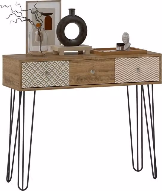 Tavolo consolle XYLO con 3 cassetti in stile boho naturale marrone con gambe in metallo L/P/H: 75 x 30 x 30 cm