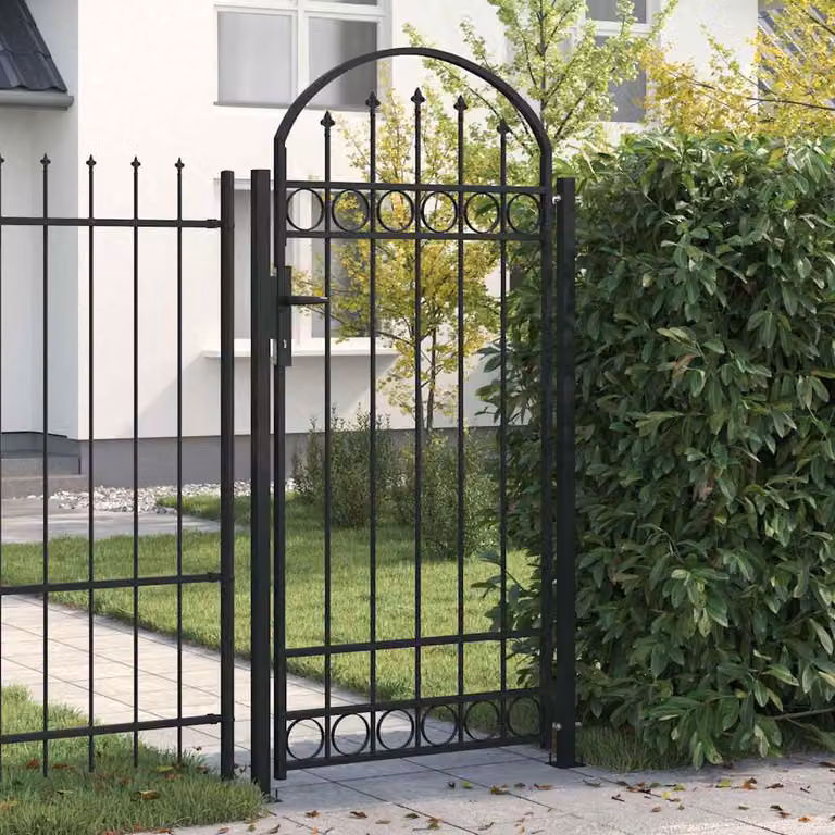 Cancello per recinzione ad arco vidaXL con 2 pali in acciaio, Nero, L: 105 cm, H: 204 cm