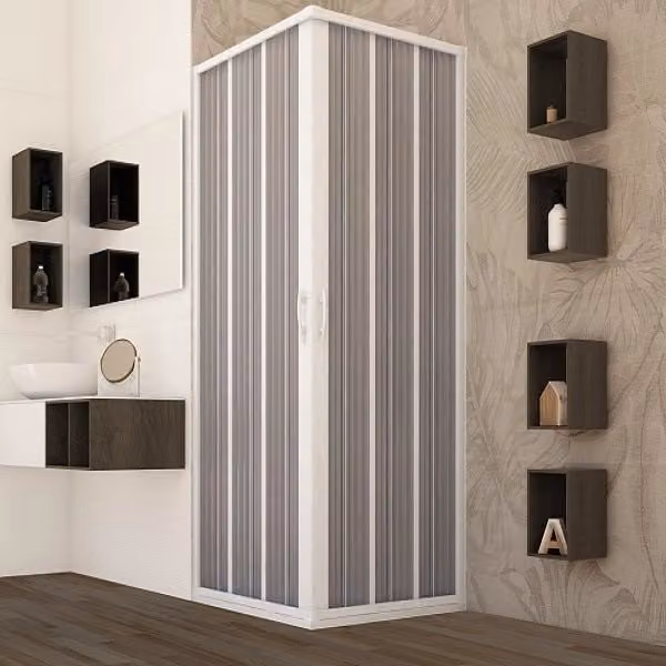 Box doccia angolare LEDA bianco con ante a soffietto in PVC effetto frosted L/P: 75 x 75 cm, H: 185 cm