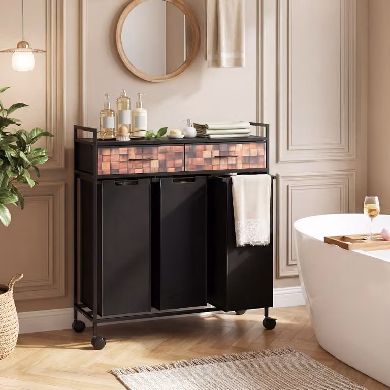 Carrello per lavanderia Costway a 3 sezioni con 2 cassetti in tessuto Oxford da 135 l, Nero