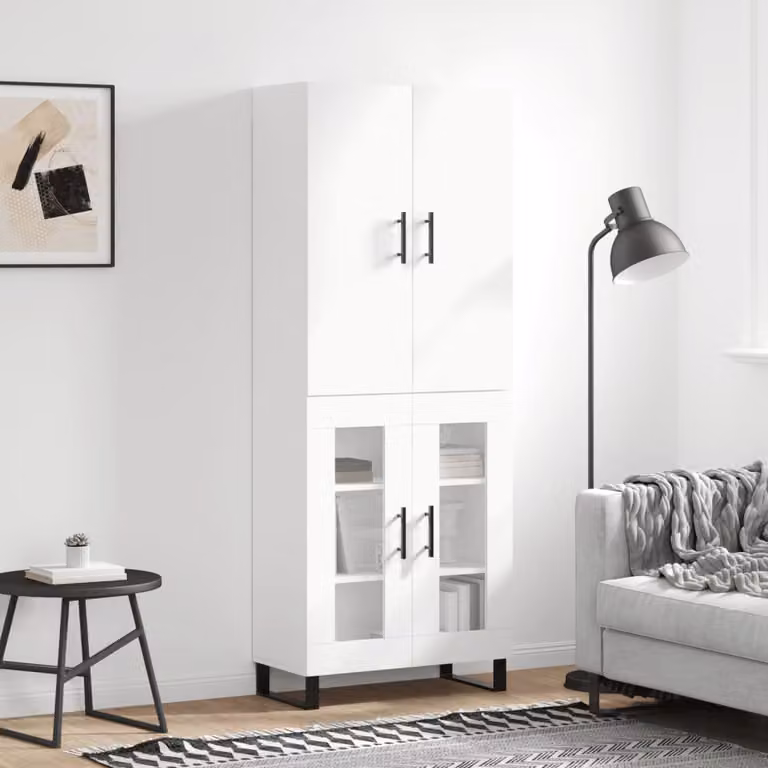 Credenza moderna vidaXL bianca con ante in vetro e struttura in legno e metallo, L: 69,5 cm, P: 34 cm, H: 180 cm