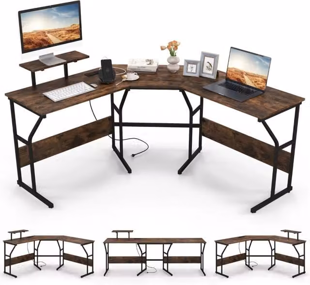 Scrivania ad angolo a forma di L Design Mania con presa elettrica e supporto monitor mobile, Marrone Rustico, L: 225 cm
