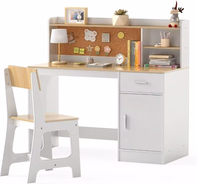 Set scrivania e sedia per bambini con mensole e cassetto, colore beige e bianco, ideale per camera da letto o asilo nido