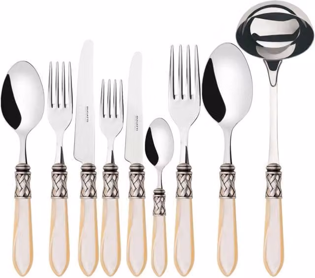 Set di posate ALADDIN Ghiera Argento Anticato in acciaio inossidabile con scatola Wenge, 75 pezzi, colore beige e avorio