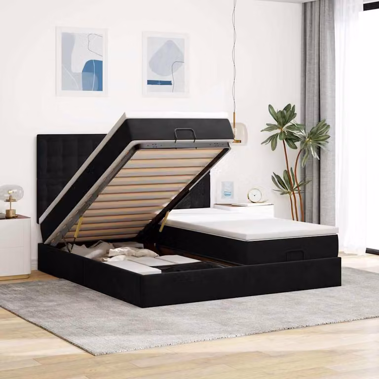 Letto matrimoniale con contenitore a sollevamento vidaXL in velluto nero con illuminazione sottostante e porte USB L/P/H: 200 x 200 x 128 cm