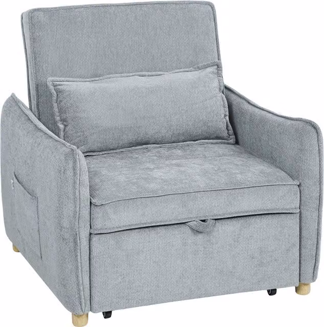 Poltrona Letto 3 in 1 HOMCOM in Ciniglia Grigia con Schienale Reclinabile, Cuscino e Tasche Laterali, H 87 x L 88 x P 84 cm