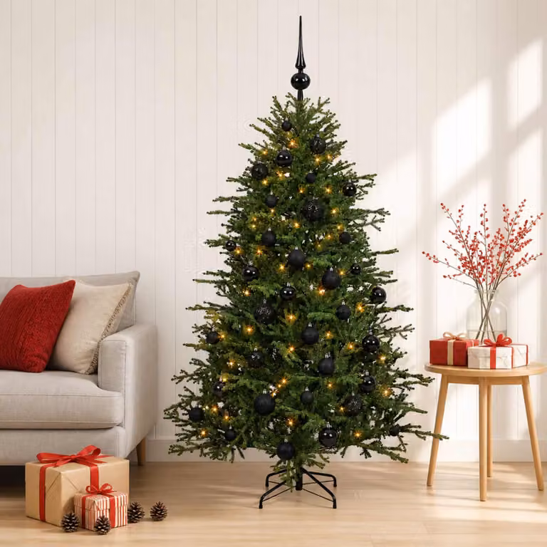 Albero di Natale artificiale verde vidaXL con 150 LED luce bianca calda e decorazioni a cono, Altezza: 120 cm