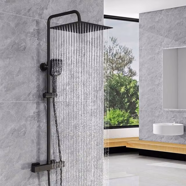 Colonna doccia idromassaggio AICA ITALY con rubinetto termostatico e soffione a pioggia in acciaio inox, nero opaco