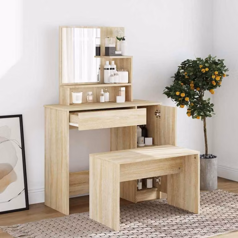 Set Tavolo da Toeletta vidaXL in Rovere Sonoma, Colore Beige e Marrone, L/P/H: 86,5 x 35 x 136 cm