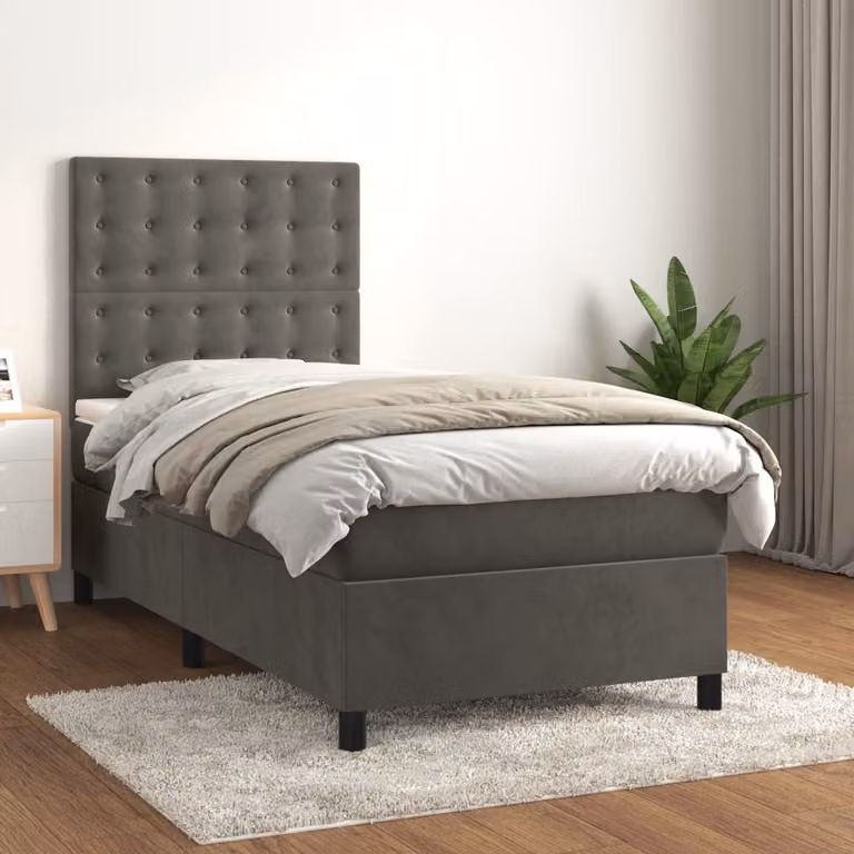 vidaXL Letto Ibrido con Giroletto a Molle e Materasso in Velluto Grigio, L/P/H: 90 x 190 x 128 cm