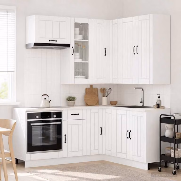 Unità cucina moderna vidaXL LUCCA composta da 8 pezzi in bianco lucido con ante in vetro e ripiani aperti in MDF